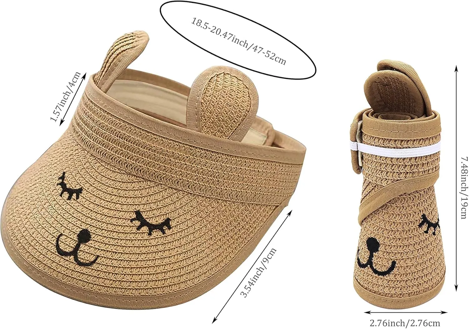 Baby Roll-up Straw Visor Hat Sun Hat, Kid Toddler Wide Brim Cute Bunny Ponytail Summer Beach Sun Hat Adjustable for 1-4 Years