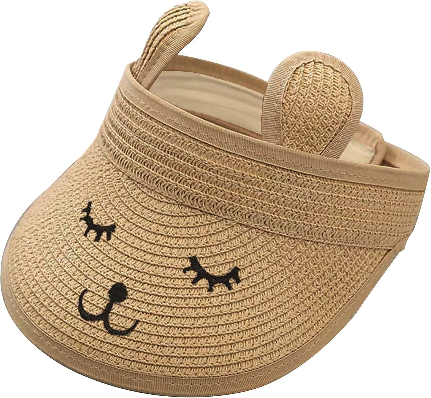 Baby Roll-up Straw Visor Hat Sun Hat, Kid Toddler Wide Brim Cute Bunny Ponytail Summer Beach Sun Hat Adjustable for 1-4 Years