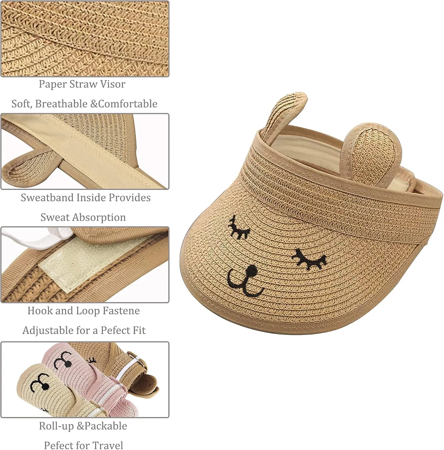 Baby Roll-up Straw Visor Hat Sun Hat, Kid Toddler Wide Brim Cute Bunny Ponytail Summer Beach Sun Hat Adjustable for 1-4 Years