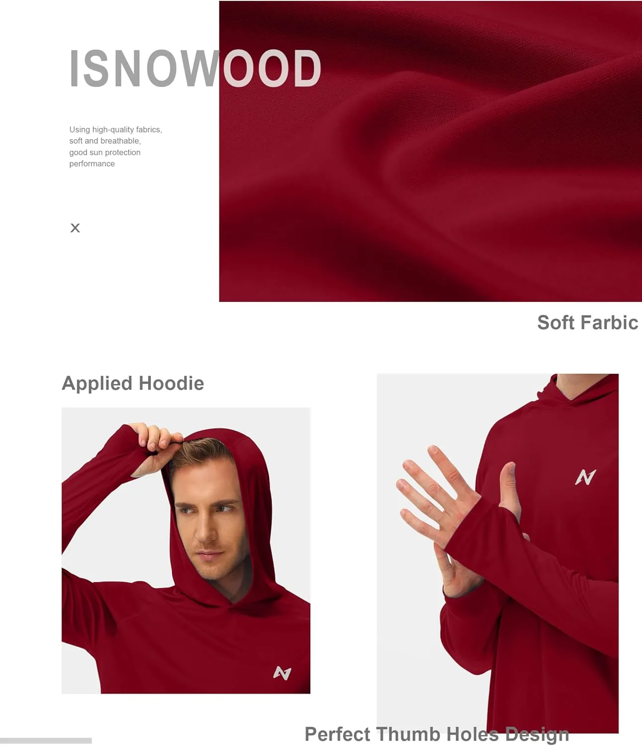 isnowood Sun Shirt UPF 50  Men's Fishing Long Sleeve UV Protection Hoodie Hiking Rash Guard Swimming Running