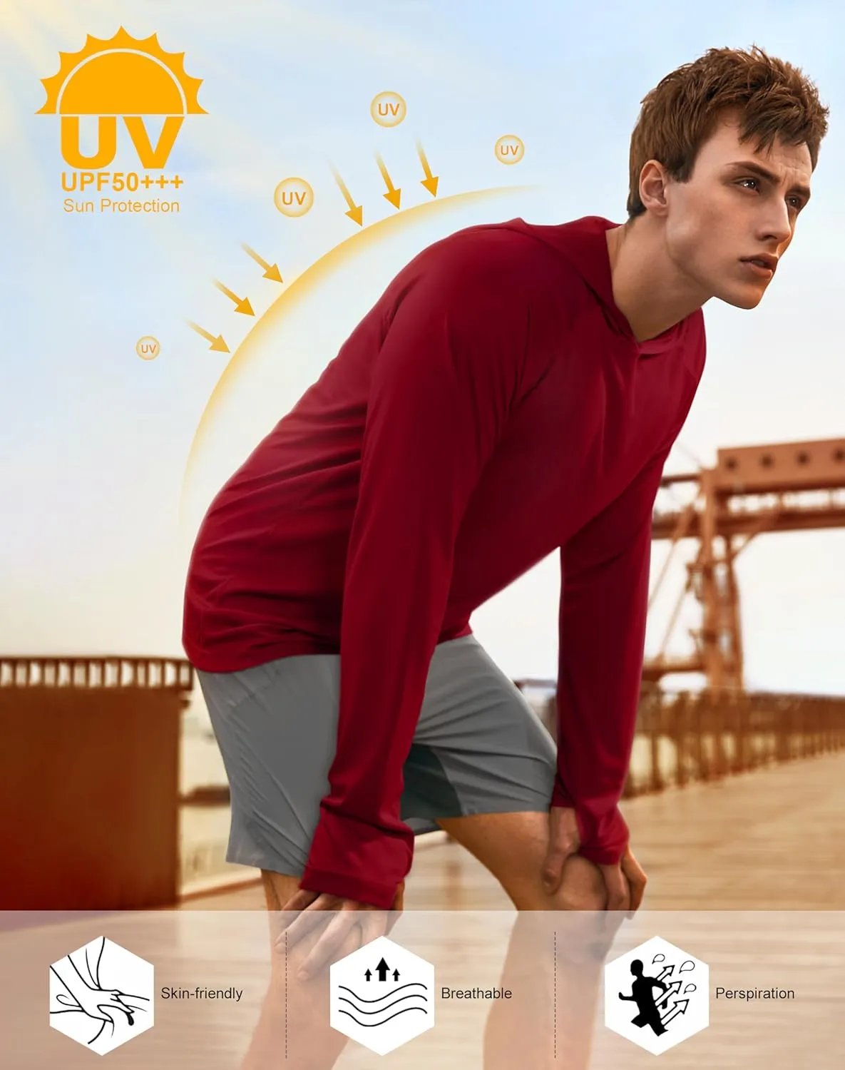 isnowood Sun Shirt UPF 50  Men's Fishing Long Sleeve UV Protection Hoodie Hiking Rash Guard Swimming Running