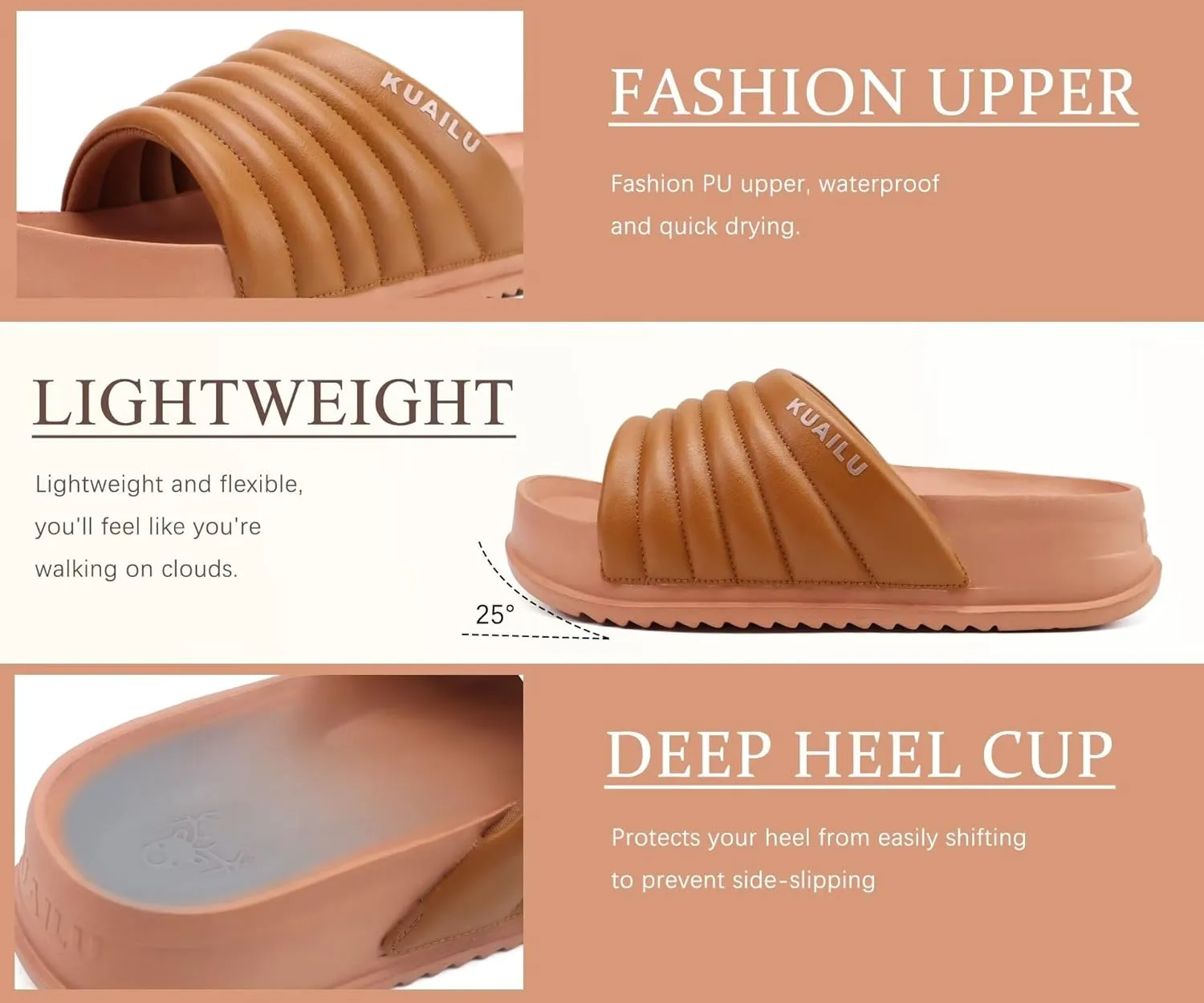 KuaiLu Womens Sandals with Arch Support Orthopedic Comfortable Lightweight Cushion Recovery Slides Summer Fashion Leather Casual Womans Plantar Fasciitis Sandals for Indoor&Outdoor (US Size 6-12)