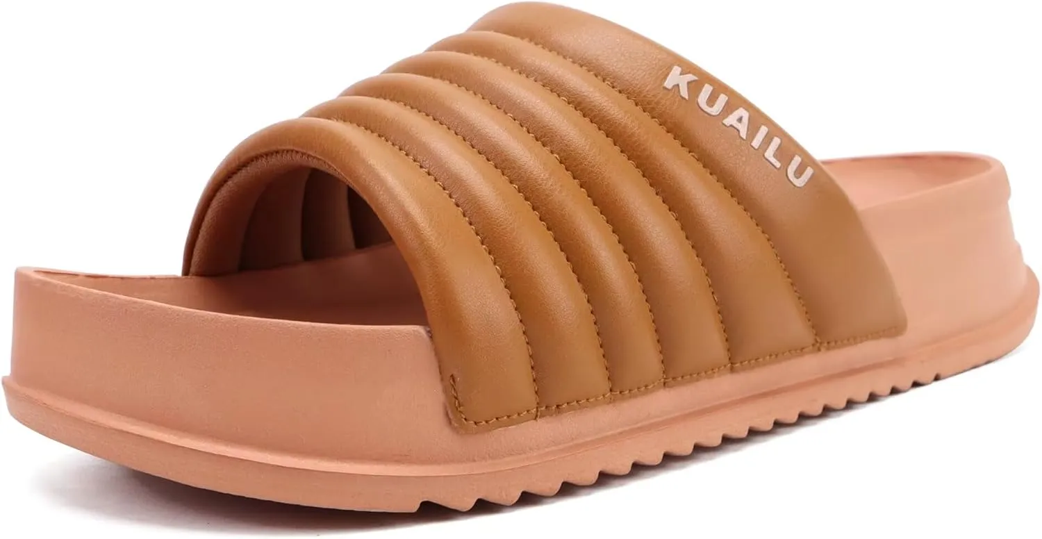 KuaiLu Womens Sandals with Arch Support Orthopedic Comfortable Lightweight Cushion Recovery Slides Summer Fashion Leather Casual Womans Plantar Fasciitis Sandals for Indoor&Outdoor (US Size 6-12)