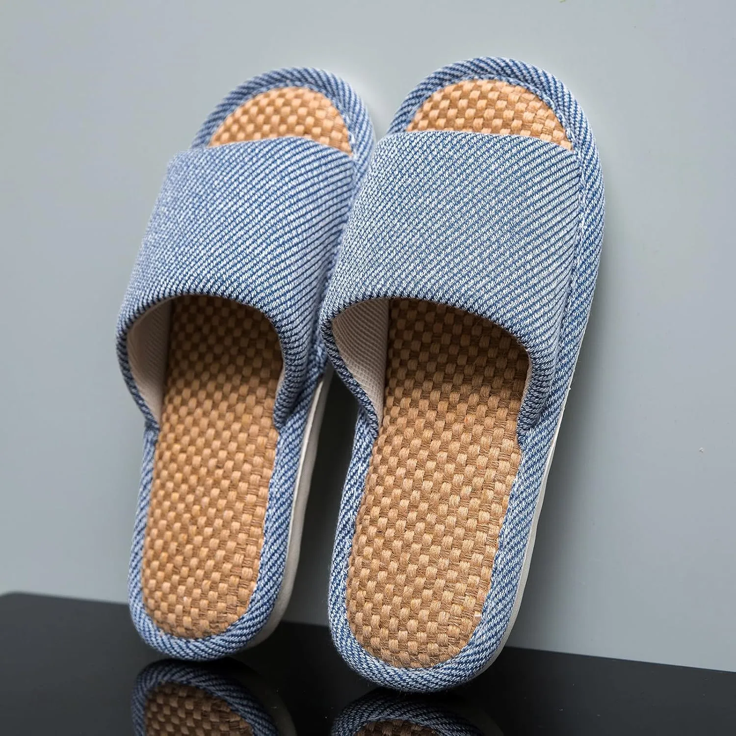 Linen and Cloth Slippers Indoor House Slippers All Seasons Silent Slippers Unisex Blue EU 39-40