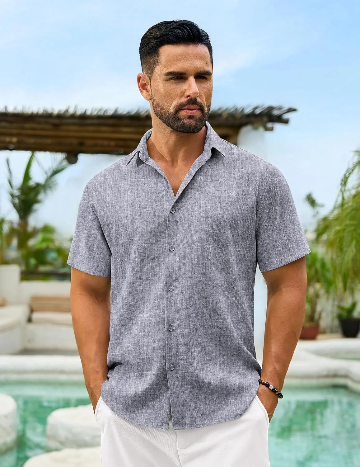 Men's Linen Shirts Short Sleeve Casual Button Down Shirts Summer Beach Wedding Vacation Cotton Tops