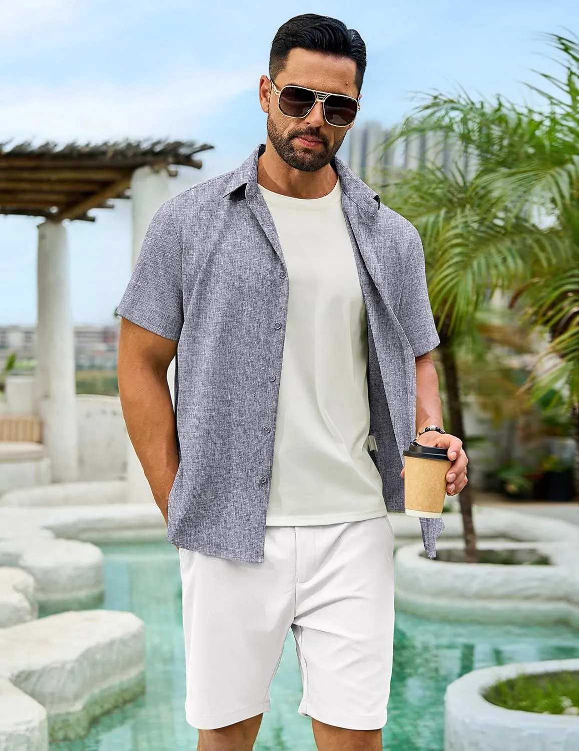 Men's Linen Shirts Short Sleeve Casual Button Down Shirts Summer Beach Wedding Vacation Cotton Tops