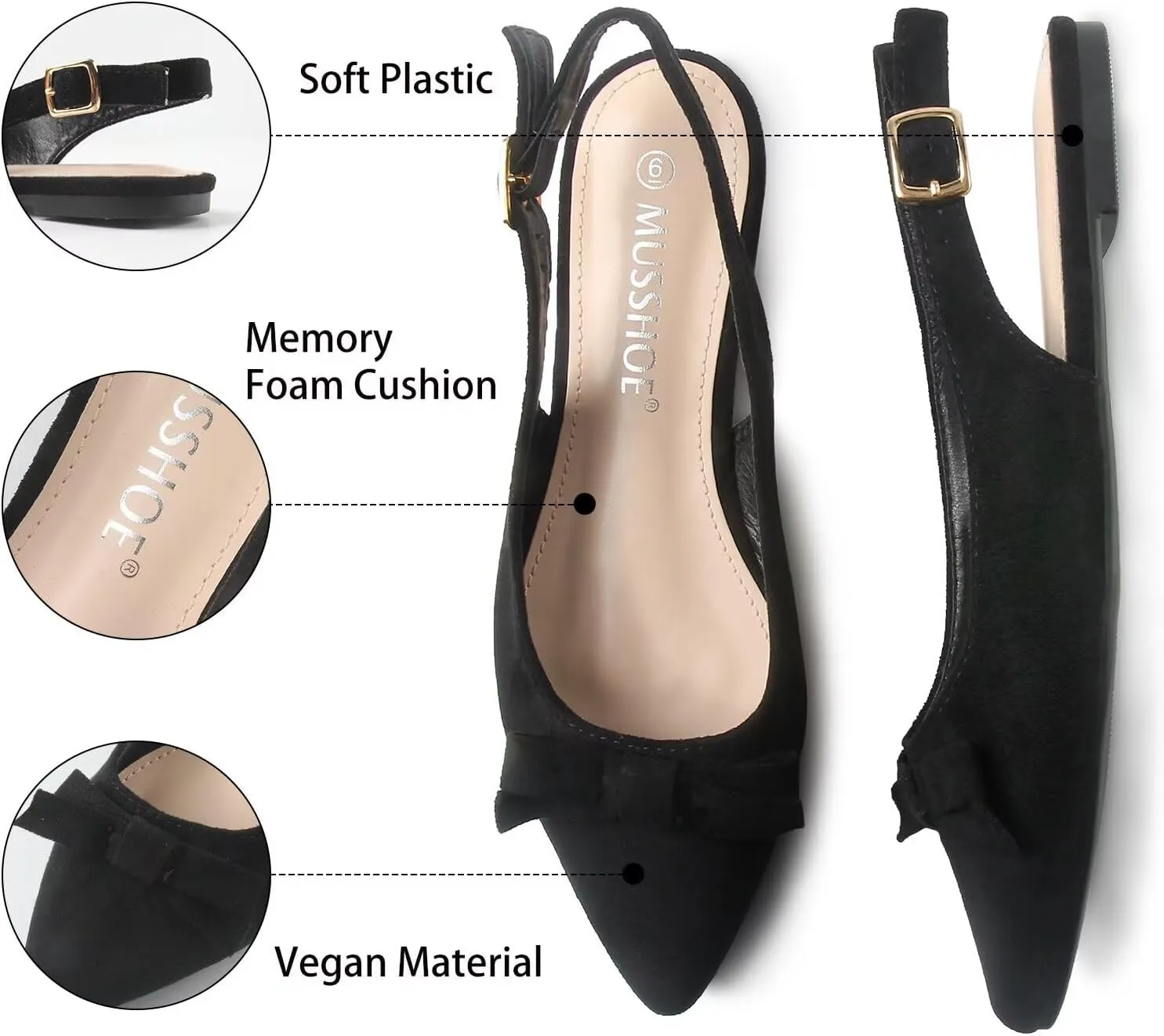 MUSSHOE Slingback Flats for Women Pointed Toe Comfort Womens Flats with Bow