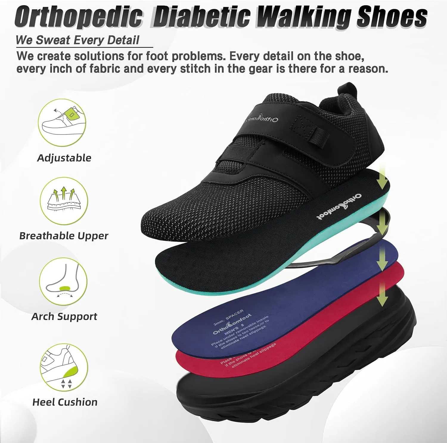 OrthoComfoot Men's Orthopedic Diabetic Wide Walking Shoes: Comfortable Cushion Arch Support Plantar Fasciitis Sneakers, Orthotic High Arch Swollen Feet Adjustable Work Shoes for Ankle and Heel Pain