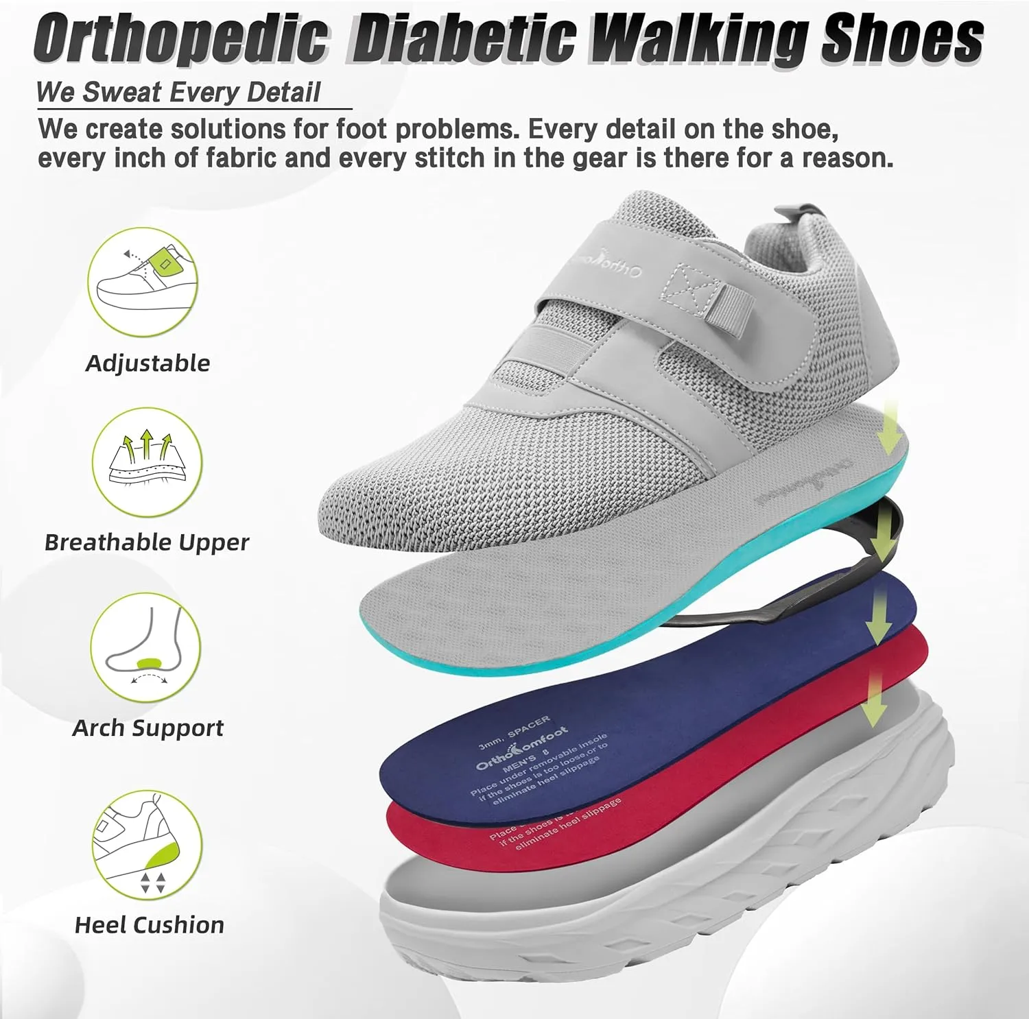 OrthoComfoot Men's Orthopedic Diabetic Wide Walking Shoes: Comfortable Cushion Arch Support Plantar Fasciitis Sneakers, Orthotic High Arch Swollen Feet Adjustable Work Shoes for Ankle and Heel Pain