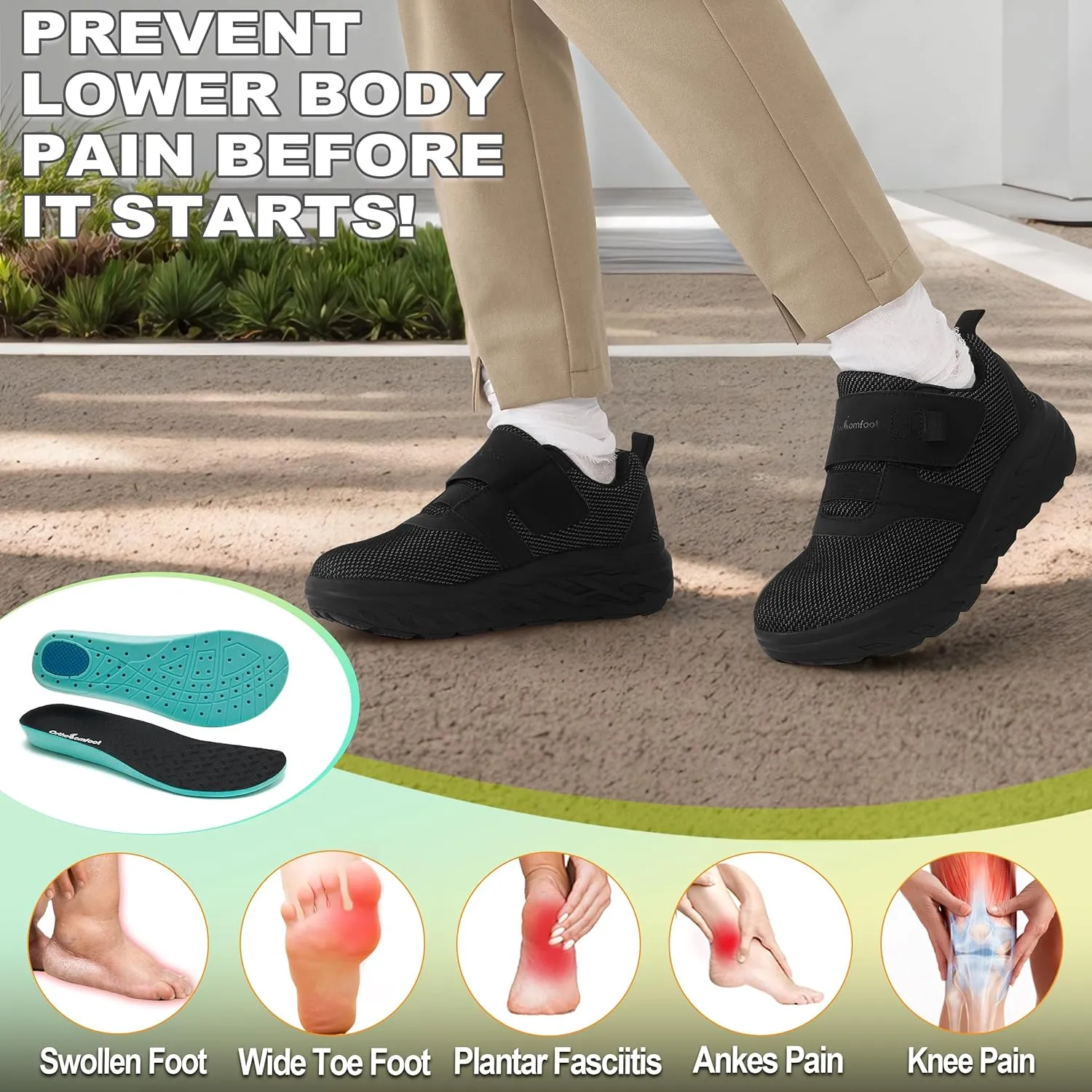 OrthoComfoot Men's Orthopedic Diabetic Wide Walking Shoes: Comfortable Cushion Arch Support Plantar Fasciitis Sneakers, Orthotic High Arch Swollen Feet Adjustable Work Shoes for Ankle and Heel Pain