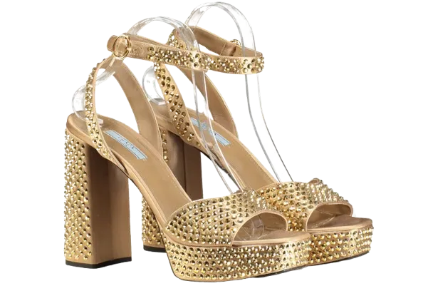 PRADA Bronze Gold 125mm Crystal-embellished Sandals UK 7 EU 40 👠