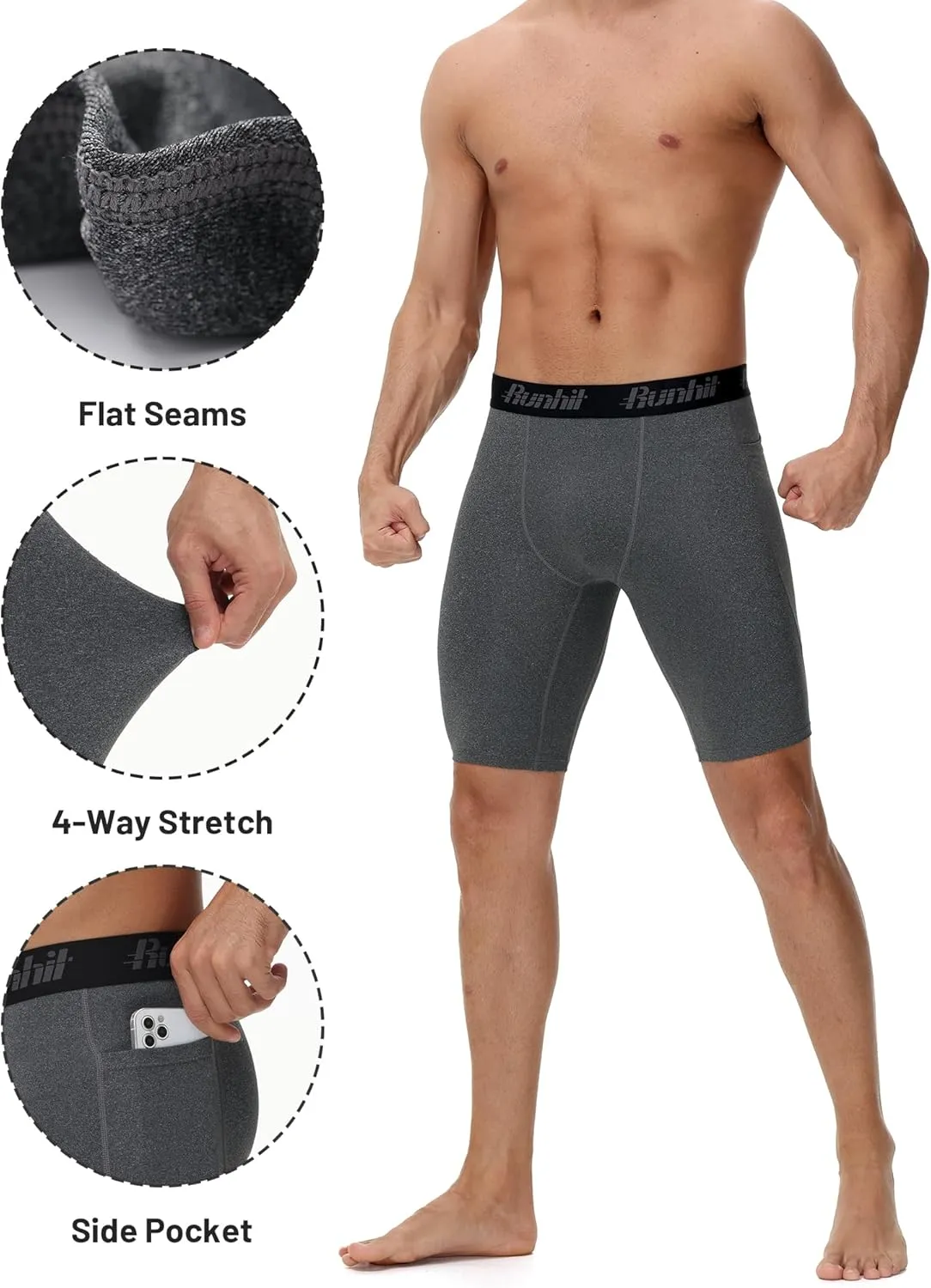 Runhit Men's Compression Shorts with Pockets ?C 9" Performance Athletic Shorts for Workouts Sports Running Spandex Underwear